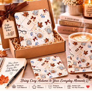 Cozy Autumn Coffee & Books Cork Coaster | Rustic F