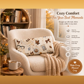 Cozy Autumn Coffee & Books Throw Blanket | Rustic Lumbar Pillow