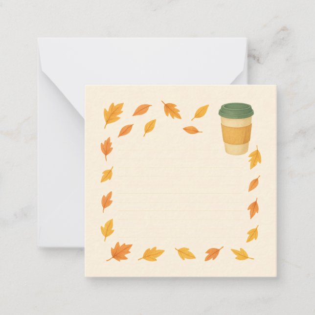 Cozy Autumn Coffee – Falling Leaves Note Card (Front)