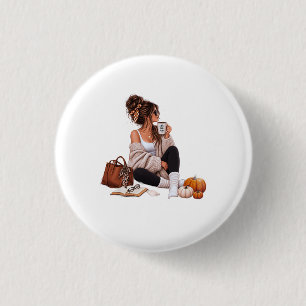 Cozy Autumn Coffee Girl Fall Aesthetic Art Button