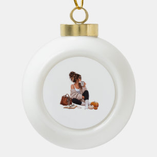Cozy Autumn Coffee Girl Fall Aesthetic Art Ceramic Ball Christmas Ornament