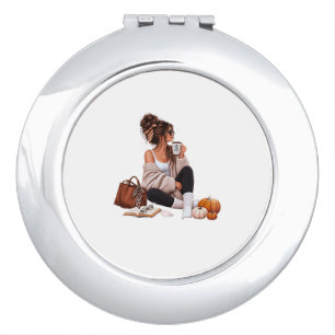 Cozy Autumn Coffee Girl Fall Aesthetic Art Compact Mirror
