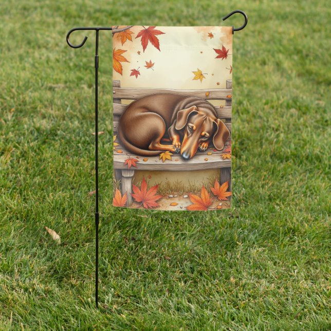 Cozy Autumn Dachshund Sleeping on Wooden Bench Garden Flag (In SItu)