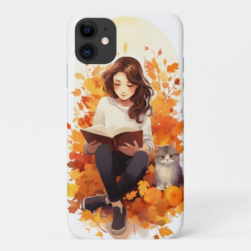 Cozy Autumn days Girl reading with cat Fall iPhone 11 Case