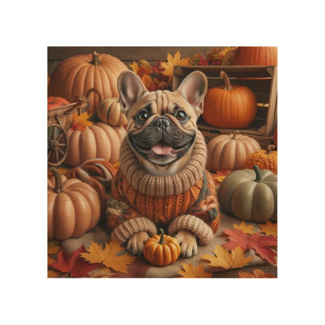 COZY AUTUMN DOG with PUMPKINS Wood Wall Art (Front)