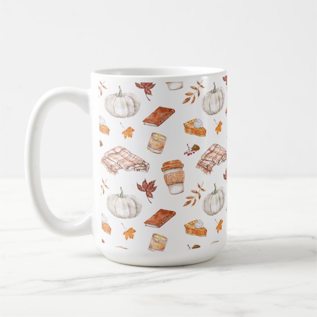 Cozy Autumn Essentials Watercolor Pattern Coffee Mug (Left)
