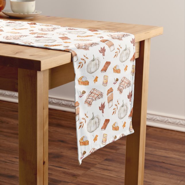 Cozy Autumn Essentials Watercolor Pattern Short Table Runner (In Situ)