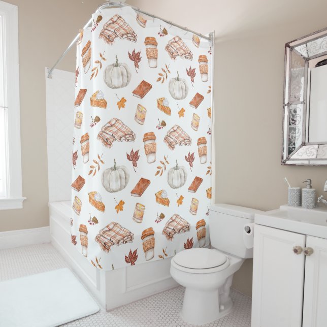 Cozy Autumn Essentials Watercolor Pattern Shower Curtain (In Situ)