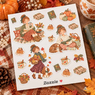 Cozy Autumn Fall Hygge Activities Girl Spaniel Dog Sticker