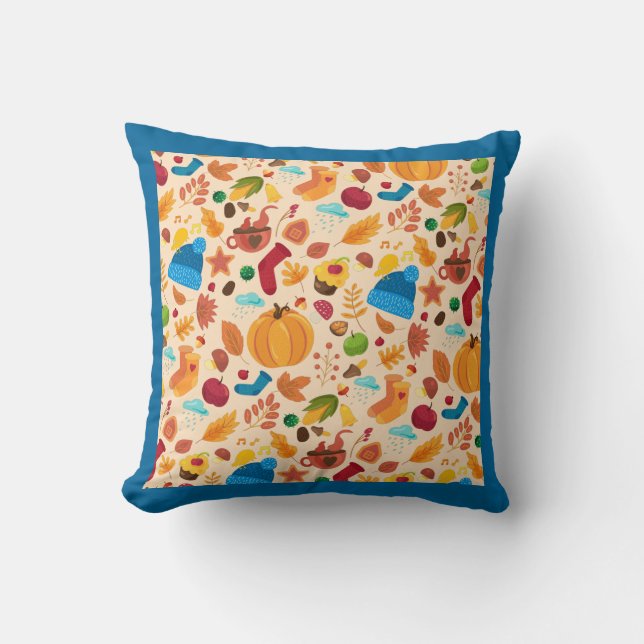 Cozy Autumn Fall Pattern Cold Weather Leaves Blue Throw Pillow (Front)