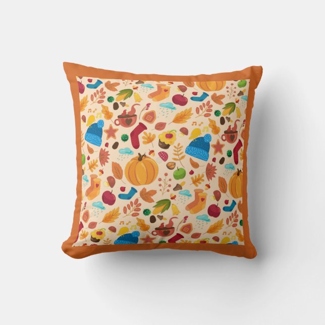 Cozy Autumn Fall Pattern Cold Weather Orange Leaf Throw Pillow (Front)