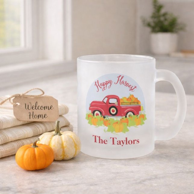 Cozy Autumn Farmhouse Happy Harvest Frosted Glass Coffee Mug (Creator Uploaded)