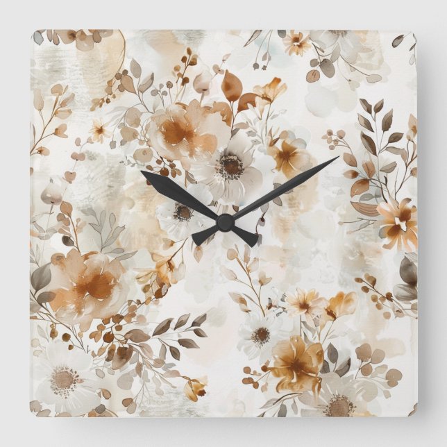 Cozy Autumn Floral Botanical Print  Square Wall Clock (Front)