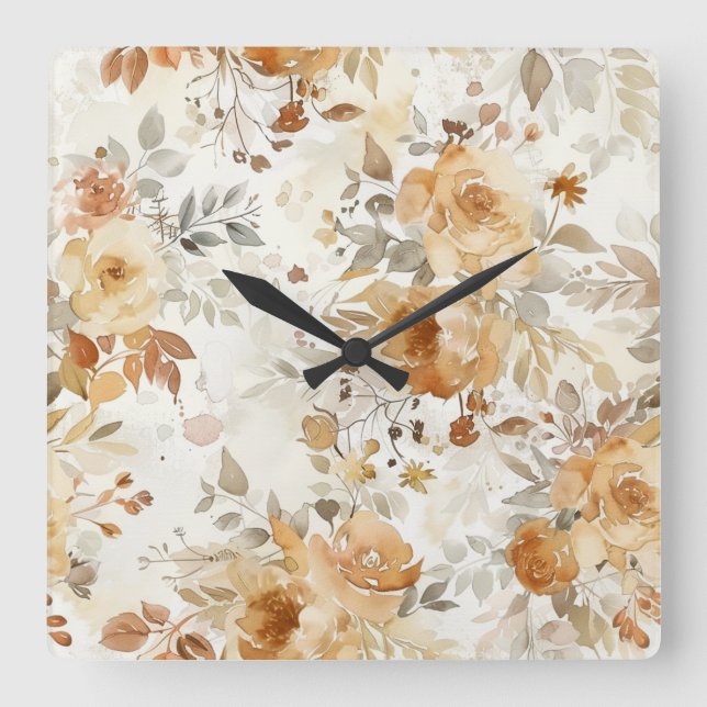 Cozy Autumn Floral Botanical Print Square Wall Clock (Front)