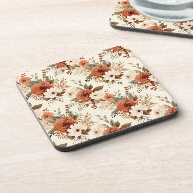 Cozy Autumn Floral Print Digital Art Beverage Coaster (Left Side)