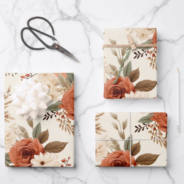 Cozy Autumn Floral Print Digital Art Wrapping Paper Sheets (Front)