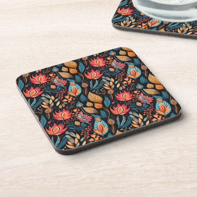 Cozy Autumn Floral Print Digital Folk Art Beverage Coaster (Left Side)