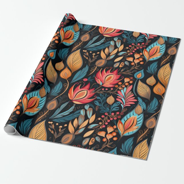 Cozy Autumn Floral Print Digital Folk Art Wrapping Paper (Unrolled)