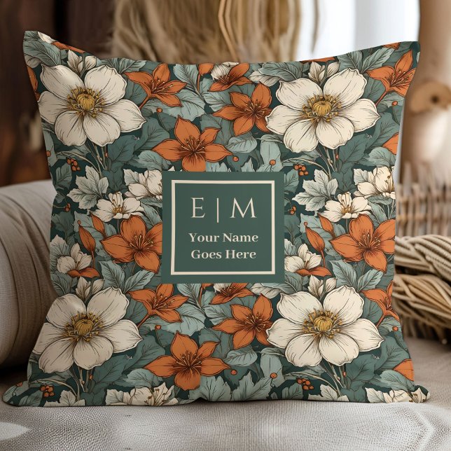 Cozy Autumn Floral Sage Green Pillow Accent Decor (Watercolor fall autumn flowers pillow,
Elegant floral personalized custom name,
Chic modern trendy c)