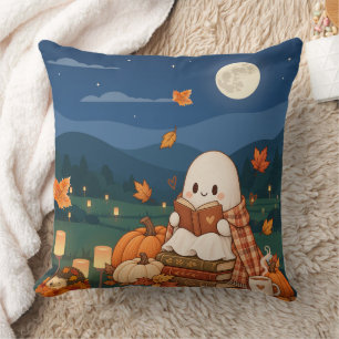 Cozy Autumn Ghost Reading Book Aesthetic Throw Pil Pillow