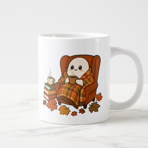 Cozy Autumn Ghost with Coffee Kawaii Fall Readin Giant Coffee Mug