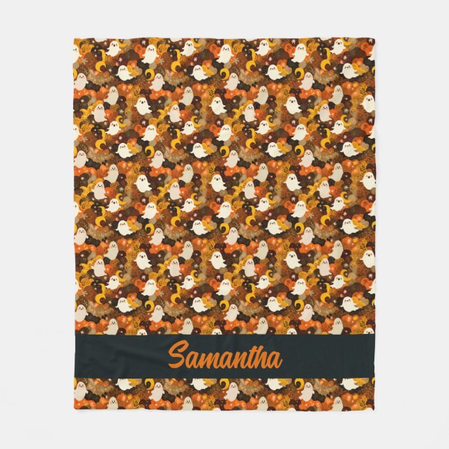 Cozy Autumn Ghosts and Leaves Halloween Fleece Blanket (Front)