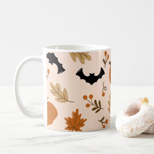 Cozy Autumn & Halloween Pattern Coffee Mug (With Donut)