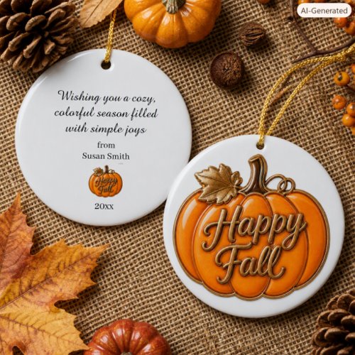 Cozy Autumn Happy Fall Pumpkin Ceramic Ornament