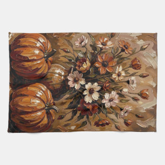Cozy Autumn Harvest Pumpkins and Flowers Kitchen Towel