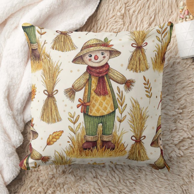 Cozy Autumn Harvest Scarecrow Pattern (3) Throw Pillow (Blanket)