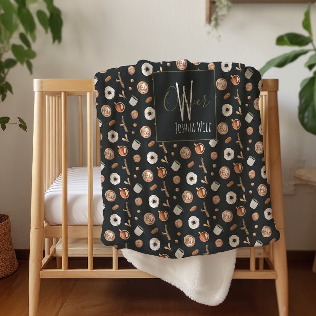 Cozy Autumn Hygge Illustrated Pattern Monogram Sherpa Blanket (Creator Uploaded)