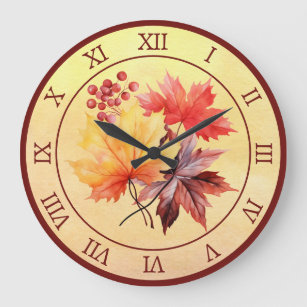 Cozy Autumn Leaves and Colors Roman Numeral Large Clock