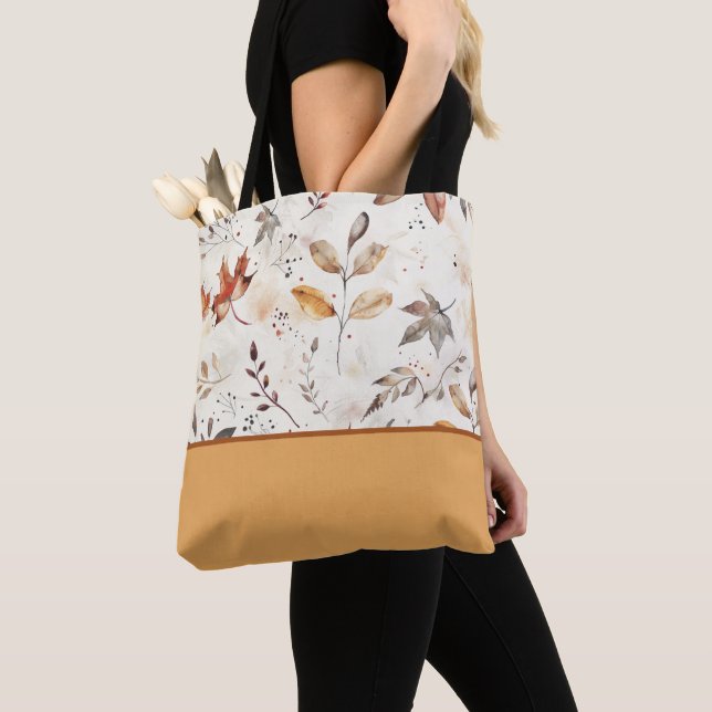 Cozy Autumn Leaves Botanical Print Color Block Tote Bag (Close Up)