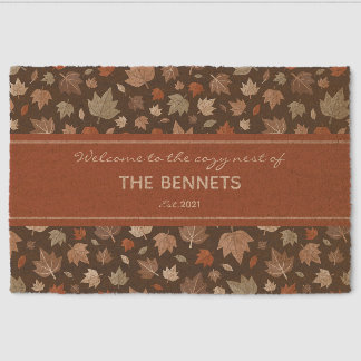 Cozy Autumn Leaves Family Name Personalized Fiber Doormat