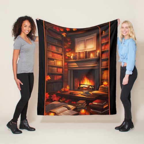 Cozy Autumn Library Fleece Blanket