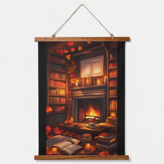 Cozy Autumn Library Hanging Tapestry (Front)