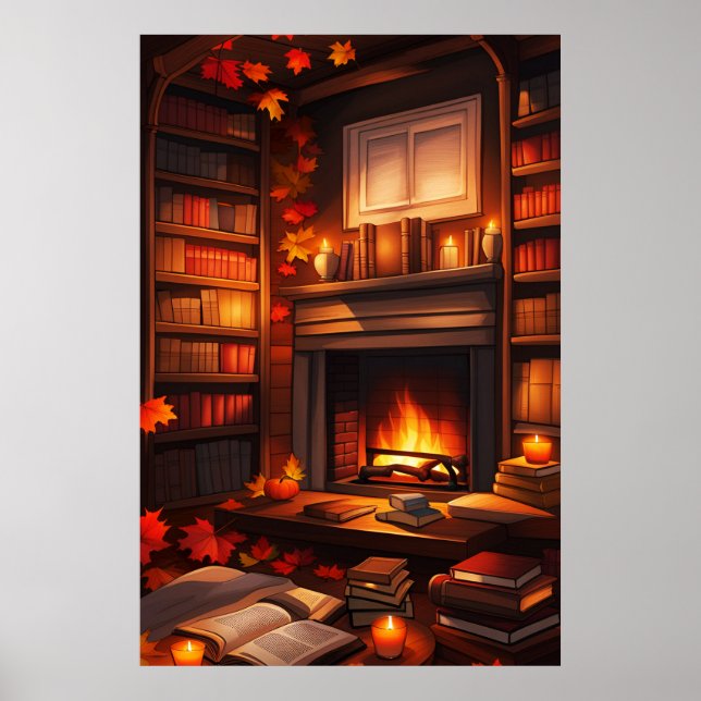 Cozy Autumn Library Poster (Front)