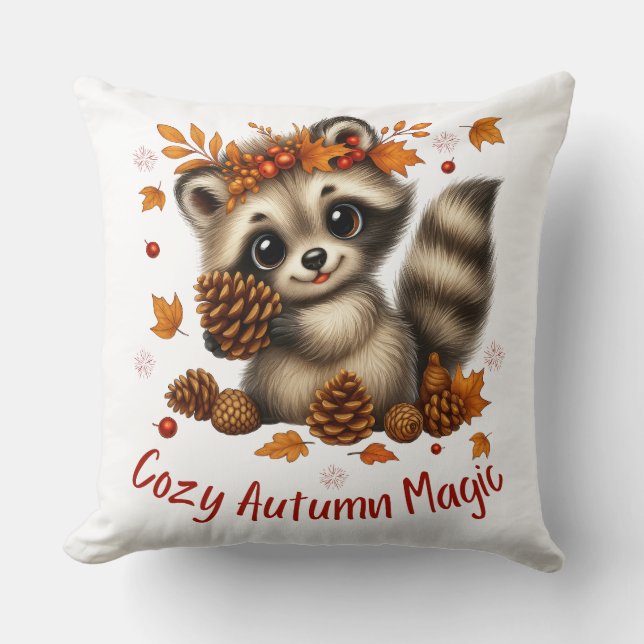 Cozy Autumn Magic Racoon Throw Pillow (Front)
