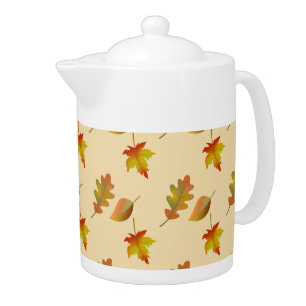 Cozy autumn maple leaves oak leaves teapot