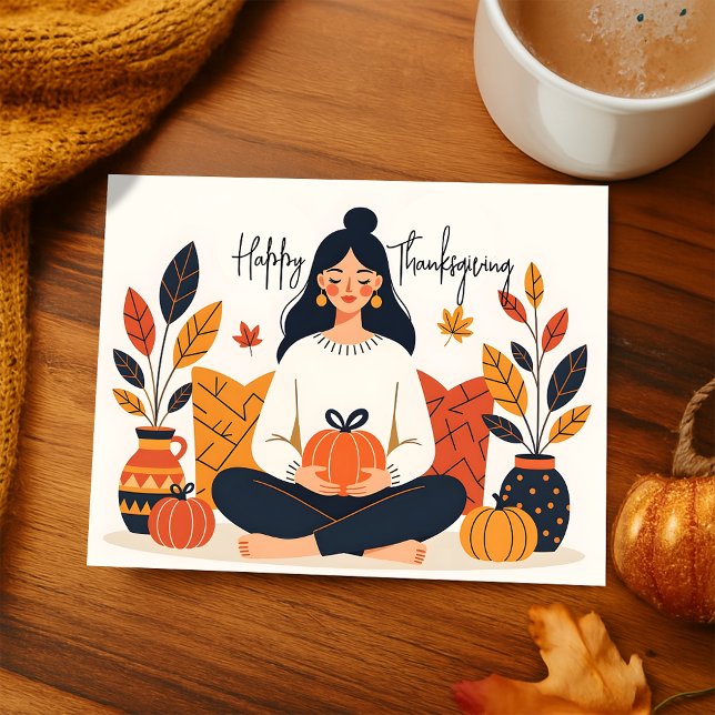 Cozy Autumn Meditation Woman Pumpkin Thanksgiving Holiday Postcard (Creator Uploaded)