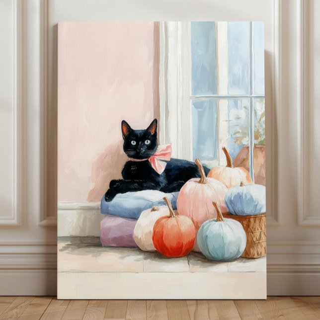 Cozy Autumn Pastel Pumpkins Black Cat Acrylic Photo Tile (Creator Uploaded)