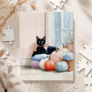 Cozy Autumn Pastel Pumpkins Black Cat Jigsaw Puzzle