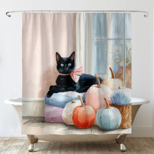 Cozy Autumn Pastel Pumpkins Black Cat Shower Curtain