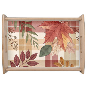 Cozy Autumn Plaid & Leaves Serving Tray