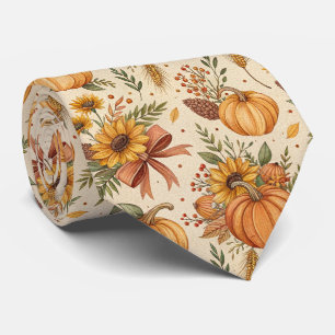 Cozy Autumn Pumpkin and Sunflower Pattern Neck Tie