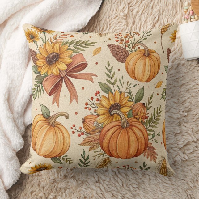 Cozy Autumn Pumpkin and Sunflower Pattern Throw Pillow (Blanket)