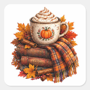 Cozy Autumn Pumpkin Latte Books Design Square Sticker