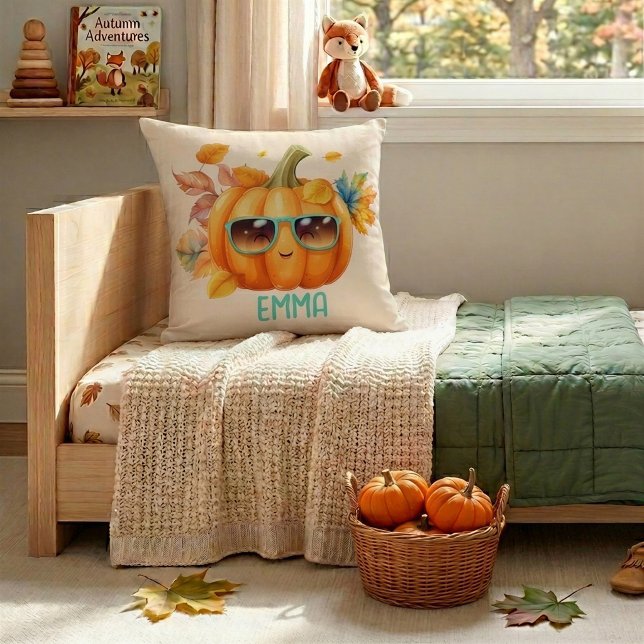 Cozy Autumn Pumpkin Personalized Kids Throw Pillow (Creator Uploaded)