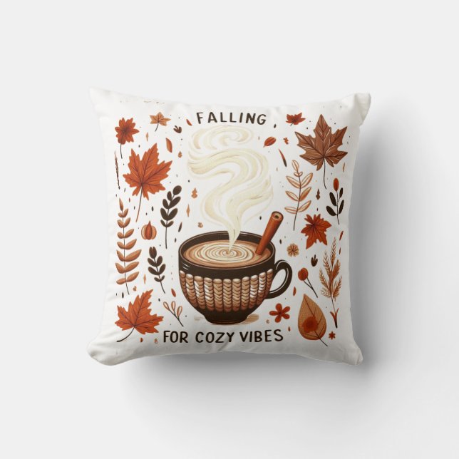 Cozy Autumn Pumpkin Spice & Fall Leaves Vibes Throw Pillow (Front)