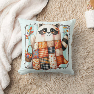 Cozy Autumn Raccoon Patchwork Quilt Throw Pillow
